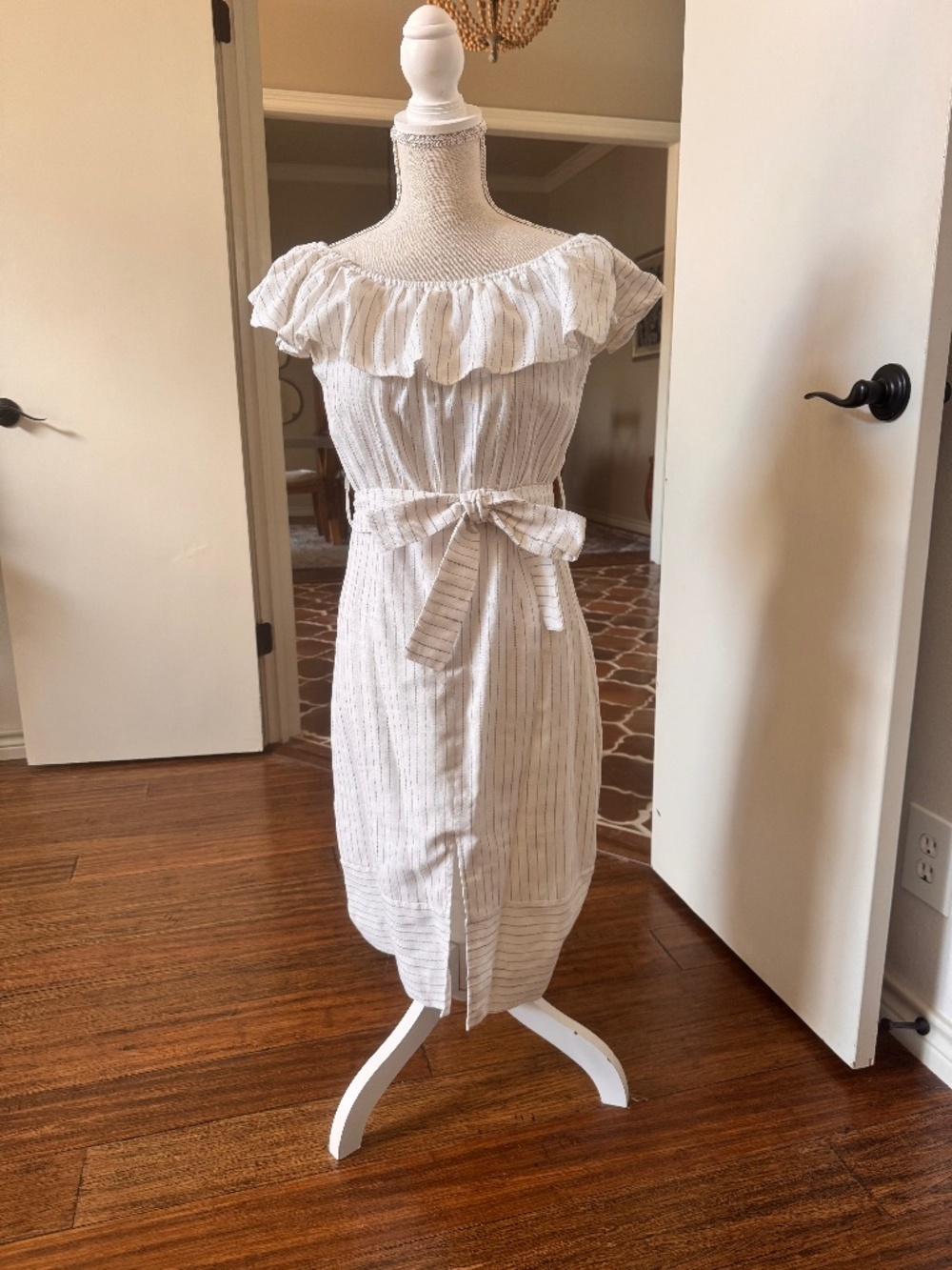 Heatherly Striped Off-Shoulder Ruffle Midi Dress with Tie Waist - Size SP
